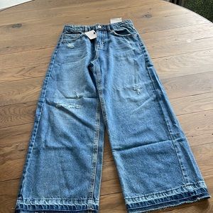 Zara High Waist Wide Leg Raw Denim Drop Hem Cropped Jeans Adjustable Girls 11/12